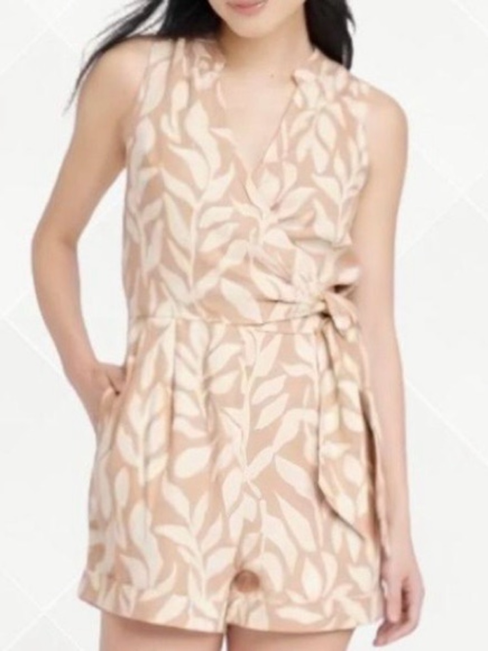 A New Day Tan White Print Linen Blend Mini Jumpsuit Wrap-Style XS Versatile Chic